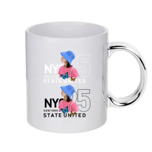 Tasse personnalisée de 11oz, tasse ronde à Sublimation blanche, pleine et unie, tasse à café en céramique avec poignée en or pour boire, vente en gros