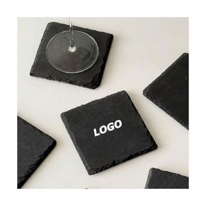 Natural <b>Slate</b> Stone Coasters Black Rock Drink Mats UV Printed Custom Brand Heat-Resistant for Tableware Perfect Promotional Gift - Product Image 1