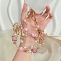Breloque de téléphone personnalisée en cristal rose fait main, double couche de perles, cordon de téléphone perlé, ornement de mode, porte-clés pour cadeau