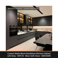 Meuble de cuisine moderne australien noir mat sans poignée, panneau plat HDF E0, fermeture douce, LED, OEM ODM