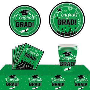 Graduation Party Tableware Set <b>Paper</b> Plates Cups Napkins Tablecloth Green Congrats Grad Theme 40-60 Pcs Disposable Decorations - Product Image 1