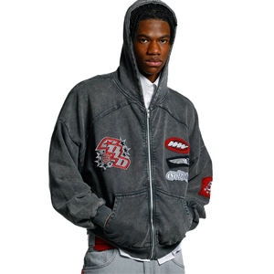 Felpa con Cappuccio di Alta Qualità con Ricami e Applicazioni, Effetto Sbiadito e Lavaggio Acido, Zip in Metallo, Stile Vintage Oversize <span class=keywords><strong>Y2K</strong></span> Streetwear - Product Image 1