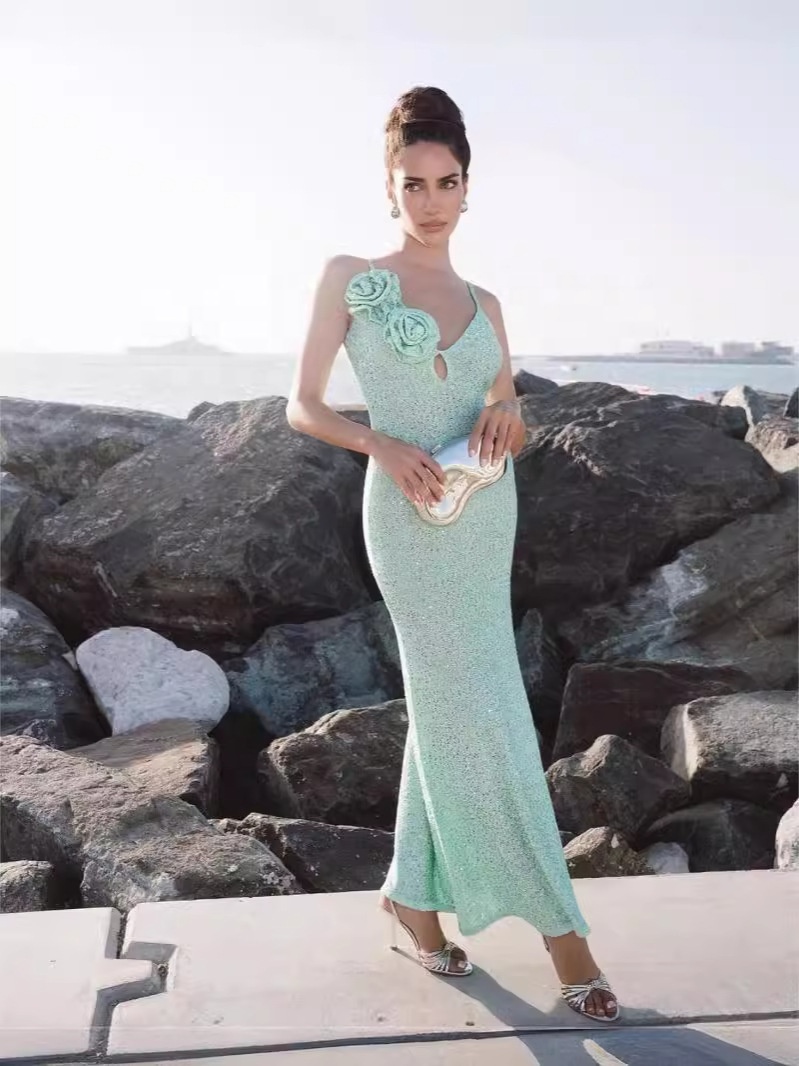 Mint Green Sequin Slip Dress For Women - Elegant Ladies Evening Dress