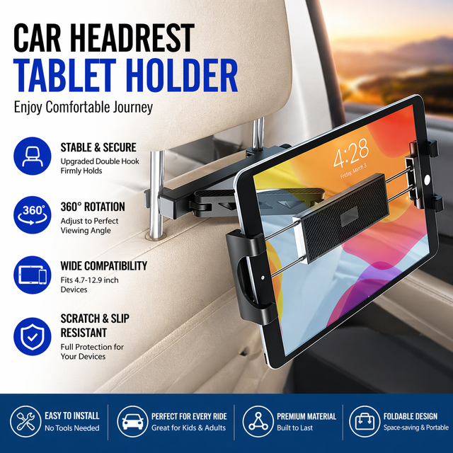 Car Headrest Tablet Holder Flexible Adjustable Backseat Mount Extendable 360 Rotation Car Phone Holder for iPad Tablet Stand