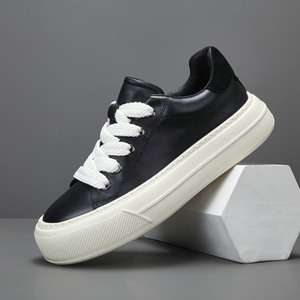 Dark Gray <b>Matte</b> Leather Thick Bottom Skate Shoes No Tie Elastic Shoelace Comfort All Season Street Walking Sneakers Men shoes - Product Image 2