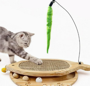 Juguete Rascador Interactivo para Gatos, Rascador Redondo de Madera con Plumas Colgantes y Pistas de Bolas para Jugar en Interiores - Product Image 1
