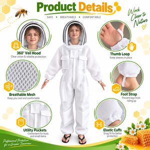 Beekeeping Suit White <strong>Full</strong> Body Protection Sting Resistant 3D Spacer Fabric Breathable Mesh <strong>Pockets</strong> Secure Cuffs Stirrups - Product Image 6