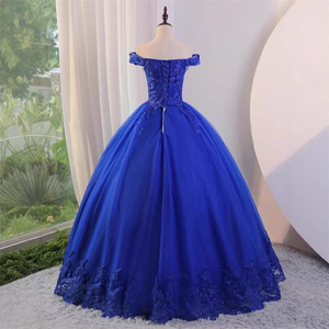Blue Off-Shoulder Ball Gown Empire Waist Chiffon Floral Print Evening Dress for Women - Product Image 2