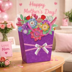 Mother <b>Valentine</b> Day <b>Bag</b> Colorful Handmade Paper Flowers With Rhinestones & Ribbon Bow 3D Flower Pop-Up <b>Gift</b> Sack - Product Image 1