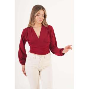 Chemisier bordeaux brodé pour femme, col en V, drapé à la poitrine, disponible en taille XL, idéal pour le bureau, en soie tricotée vintage, automne-printemps - Product Image 3