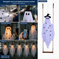 Lumière décorative LED à intensité variable avec télécommande, IP54, pour Halloween, motif sorcier lumineux et fantôme oscillant, à suspendre en extérieur dans la cour