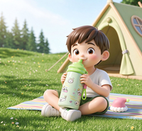 Bouteille d'eau isotherme en acier inoxydable pour enfants, 600 ml, à double paroi, avec paille, motif dessin animé, vente en gros