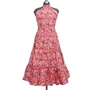 Vestido Midi con Estampado Floral, Cuello Halter, Corte en A, Casual de Verano para Mujer, Tejido de Poliéster, Sin Mangas, Cintura Natural, Dobladillo Acampanado - Product Image 1