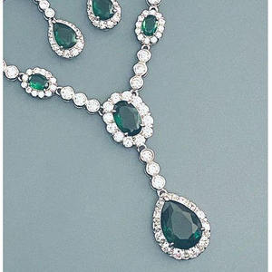 Ensemble de bijoux de luxe pour femmes, collier ovale en zircon plaqué or vert émeraude, pendentif en forme de larme, boucles d'oreilles, bijoux de fiançailles, de mariage et de mariée - Product Image 1