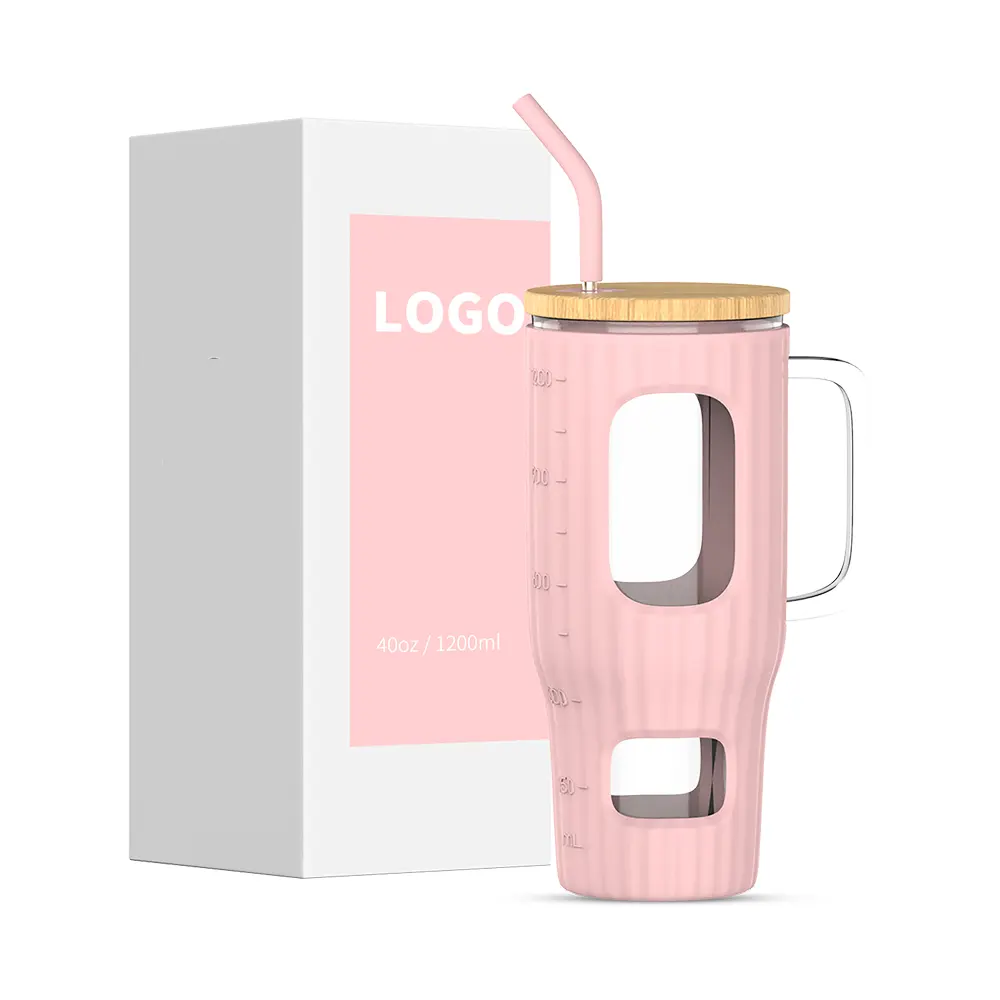 Large Capacity 40oz Glass Mug Non-Slip Silicone Sleeve 32oz Glass Tumbler with Bamboo Lid