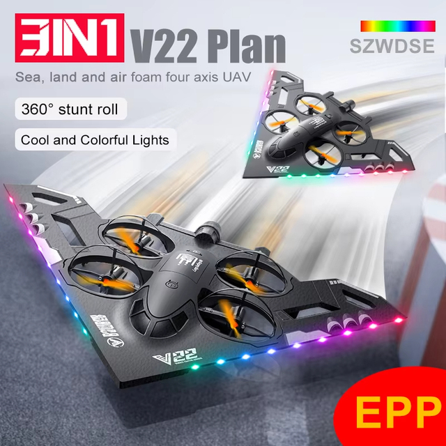 V22 3 in 1 RC Glider Helicopter 2.4G EPP Stunt Gravity Sensing Foam Fighter Remote Control Airplane With Color Light Boy Toy