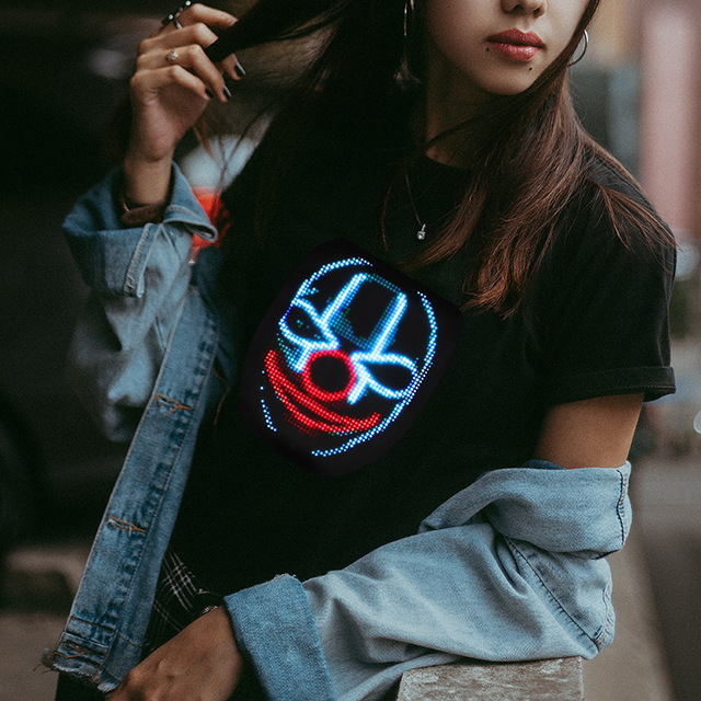 RGB LED Smart APP Control Light-Up Display Screen T-Shirt Halloween Wedding Fashion Party Wear with USB Charging Non-Toxic