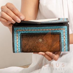 High Quality Women's Genuine Leather Purse Wallet Fashionable <b>Long</b> Design Clutch <b>Bag</b> with Open Closure and Decorative Feathers - Product Image 5