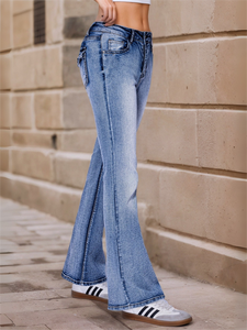 <span class=keywords><strong>Jean</strong></span> évasé <span class=keywords><strong>taille</strong></span> <span class=keywords><strong>haute</strong></span> en denim délavé bleu moyen avec poches à rabat, décontracté, pour <span class=keywords><strong>femme</strong></span>, nouvelle collection été - Product Image 4