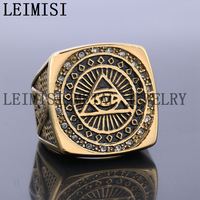 Bague Chevalière Maçonnique Classique pour Homme en Acier Inoxydable 316 Plaqué Or, Massif et Robuste, avec Symbole de l'Œil Qui Tout Voit et Diamants, Vente en Gros