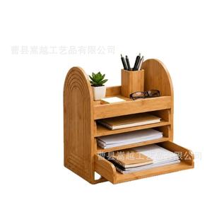 Organizador de oficina de madera, caja de almacenamiento de escritorio multicapa para documentos, estante para libros con cajón y soporte para bolígrafos, rectangular, vertical - Product Image 1