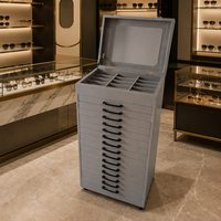 Nouvelle conception : Vitrine à lunettes en cuir gris avec miroir et tiroirs, organisateur d'échantillons pour le rangement des lunettes