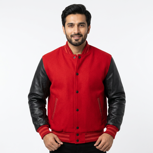 Premium Quality Letterman <b>Varsity</b> College Bomber <b>Jacket</b> Real <b>Black</b> Cowhide Leather Sleeves XS-5XL <b>Red</b> Color - Product Image 1