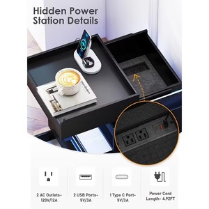 <span class=keywords><strong>Table</strong></span> <span class=keywords><strong>de</strong></span> chevet moderne en <span class=keywords><strong>bois</strong></span> <span class=keywords><strong>noir</strong></span> avec étagère coulissante, compartiment secret dissimulé, 2 tiroirs <span class=keywords><strong>et</strong></span> lumières LED - Product Image 2
