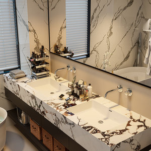 Mueble de <span class=keywords><strong>Baño</strong></span> de Estilo Hotel de Lujo, Combinación de Lavabo Doble de Cerámica sin Juntas con Losa de <span class=keywords><strong>Roca</strong></span>, Lavabo para Lavarse las Manos - Product Image 3