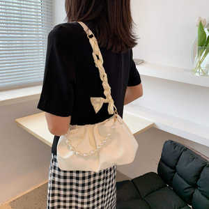 Sac à main pour femme en PU tendance avec décoration en perles et nœud, léger, fermeture éclair, couleur unie, sac à bandoulière pour femme - Product Image 3