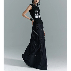 Customized High Quality Women <strong>Black</strong> Floor Length Zipper Details Multiple <strong>Pockets</strong> Cotton Women Cargo Maxi <strong>Skirt</strong> - Product Image 1