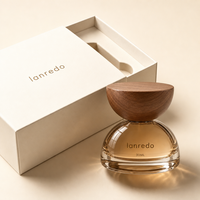 Flacon de parfum en verre épais de 100 ml en forme de dôme avec bouchon conique en bois véritable, rechargeable, vide, avec boîte cadeau en papier