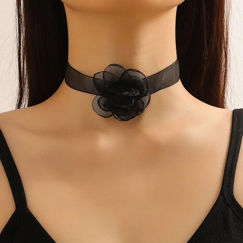 Collar de flores hecho a mano para mujer y niña, joyería, Gargantilla de tela de encaje negro, venta al por mayor