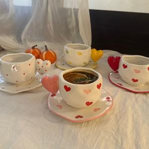 Juego de Taza y Platillo de Porcelana Pequeño Estilo Francés, Diseño Irregular Hecho a Mano, Patrón de Corazón, Ecológico, Reutilizable, para el <span class=keywords><strong>Té</strong></span> de la Tarde - Product Image 1