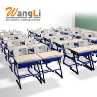 Ensemble de mobilier scolaire moderne en métal : bureau d'élève, chaise, table de laboratoire, étagère de bibliothèque, banc, casier de rangement