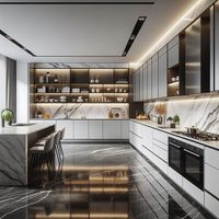 Lemari Dapur Modular CBMmart RTA Desain Pintu Kaca Rangka Aluminium Kustom Kerangka Kayu Lapis Laci Laminasi Keranjang LED Strip