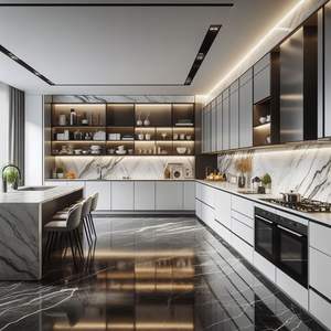 Armoires de cuisine modulaires RTA CBMmart, cadre en aluminium personnalisé, porte en verre, structure en contreplaqué, tiroir en stratifié, panier, bande LED - Product Image 2