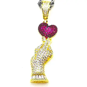 Wholesale high quality hip hop fully icedout two tone brass and 925 sterling hand with a heart Pendant