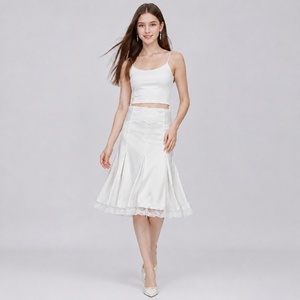 White Dropped Waist Midi Skirt Lace Trim Pleated A-Line Women Summer Casual Satin - Product Image 3