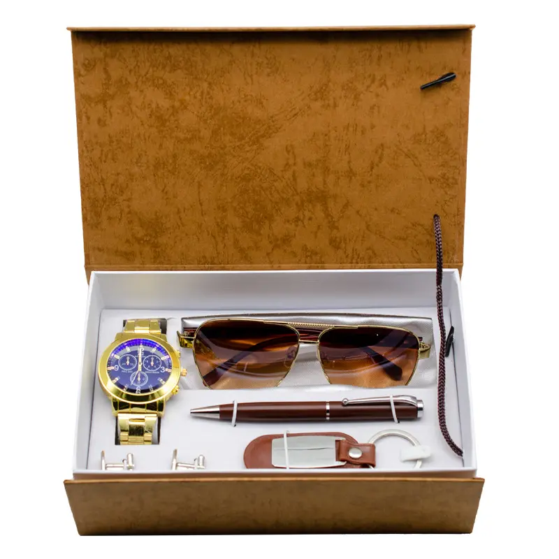 Luxe Vakantie Promotie Cadeauset Quartz Horloge Zonnebril Balpen Sleutelhanger 5 In 1 Heren Geschenkdoos Zakelijk Horloge Set