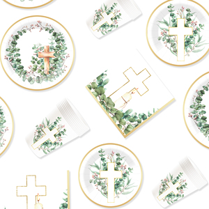Juego de Vajilla Desechable DAMAI con Diseño de Hojas y Cruz para Comunión, Servilletas para Bautizo de Bebé, Decoraciones para Fiestas con Flores de Bautizo - Product Image 4