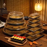 Boîte à sushi en plastique, ensemble de contenants ronds et rectangulaires pour emporter, avec couvercle transparent, base dorée et noire, plateau, OEM, sur mesure, vente en gros