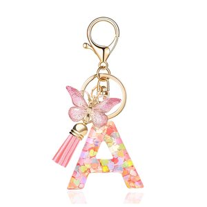 Portachiavi all'ingrosso con 26 lettere in resina <span class=keywords><strong>rosa</strong></span> anime con paillettes, nappa a farfalla, ecologico, impermeabile, fai da te, per decorazioni di borse, chiavi dell'auto e telefoni - Product Image 3