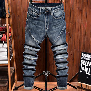 Jean vintage gothique brodé effet vieilli pour <span class=keywords><strong>homme</strong></span>, coupe slim extensible, détails patchwork respirants, style streetwear motard - Product Image 1