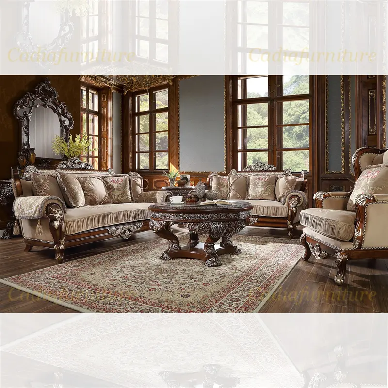 European design living room furniture solid wood with Fabric cover living room sofas wooden Classic sofas
