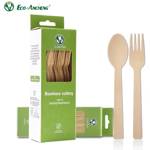 Conjunto de talheres de bambu descartáveis biodegradáveis Eco amigável Colher Garfo de bambu