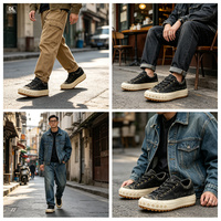 Zapatillas bajas personalizadas de plataforma de gamuza lavada estilo vintage con cordones de tela, borde de puntos, suela de goma gruesa, soporte de arco y transpirables.