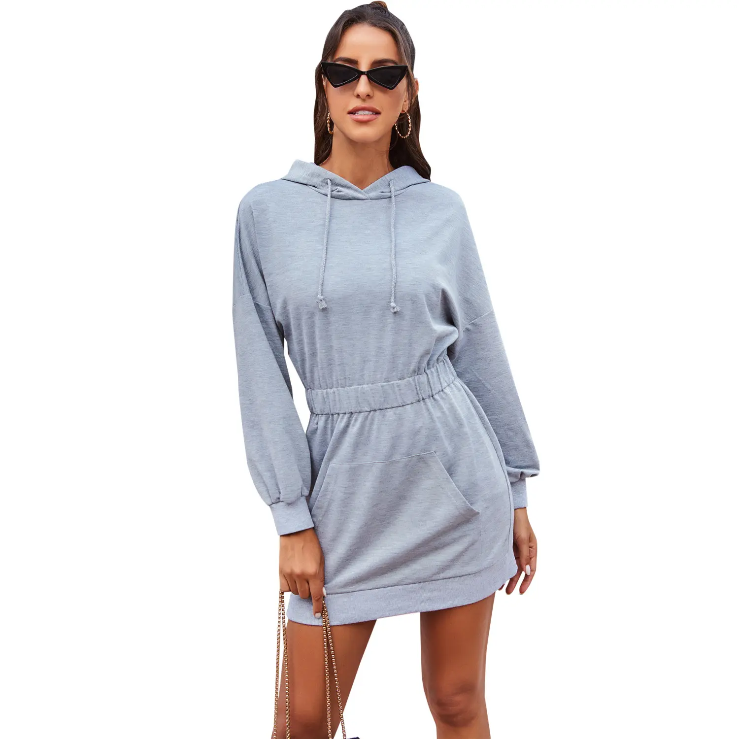 New spring Simple solid color hooded lace-up hoodie Fashion casual waist tucked hoodie dress