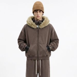 Keepsowing Men's Zip Up Hoodie Fleece <b>Box</b> Fit Fur Collar Streetwear Sweatshirt - Product Image 2