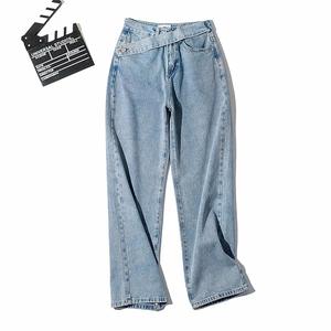 Blu <span class=keywords><strong>grigio</strong></span> Streetwear moda Vintage Harajuku pantaloni dritti vestiti a vita alta gamba larga Denim abbigliamento <span class=keywords><strong>donna</strong></span> cintura obliqua <span class=keywords><strong>Jeans</strong></span> - Product Image 5